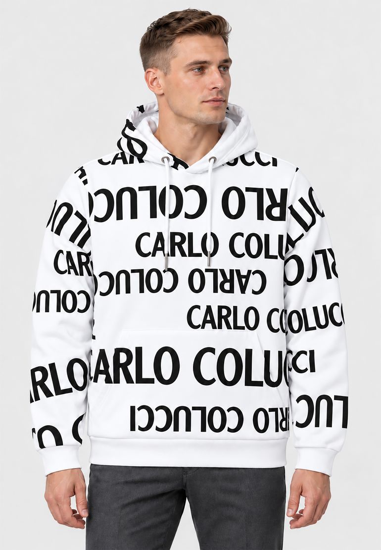 Carlo Colucci Kapuzenpullover Allover Logoprint Kordelzug Rippbündchen – Weiß, Bild 2