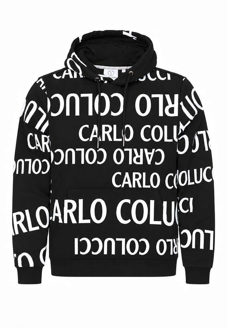 Carlo Colucci Kapuzenpullover Allover Logoprint Kordelzug Rippbündchen – Schwarz, Bild 1