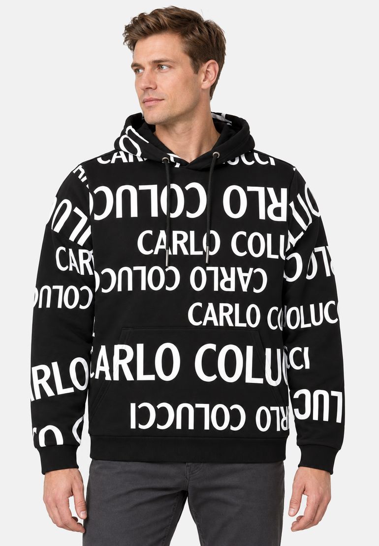 Carlo Colucci Kapuzenpullover Allover Logoprint Kordelzug Rippbündchen – Schwarz, Bild 2