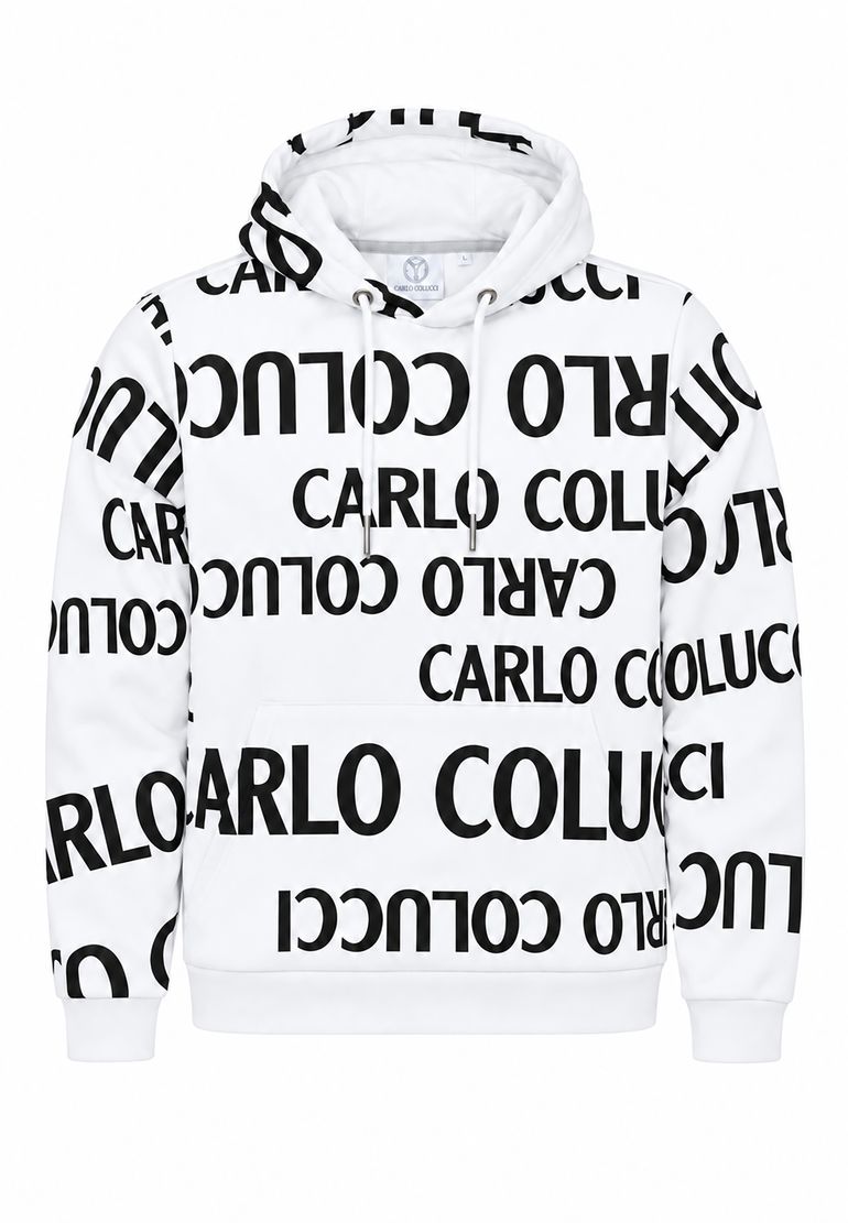 Carlo Colucci Kapuzenpullover Allover Logoprint Kordelzug Rippbündchen – Weiß, Bild 1