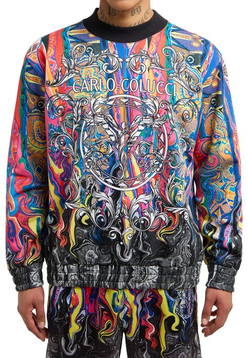 Carlo Colucci Sweatshirt Alloverprint Gerippter Kragen Lange, Farbe: Mehrfarbig
