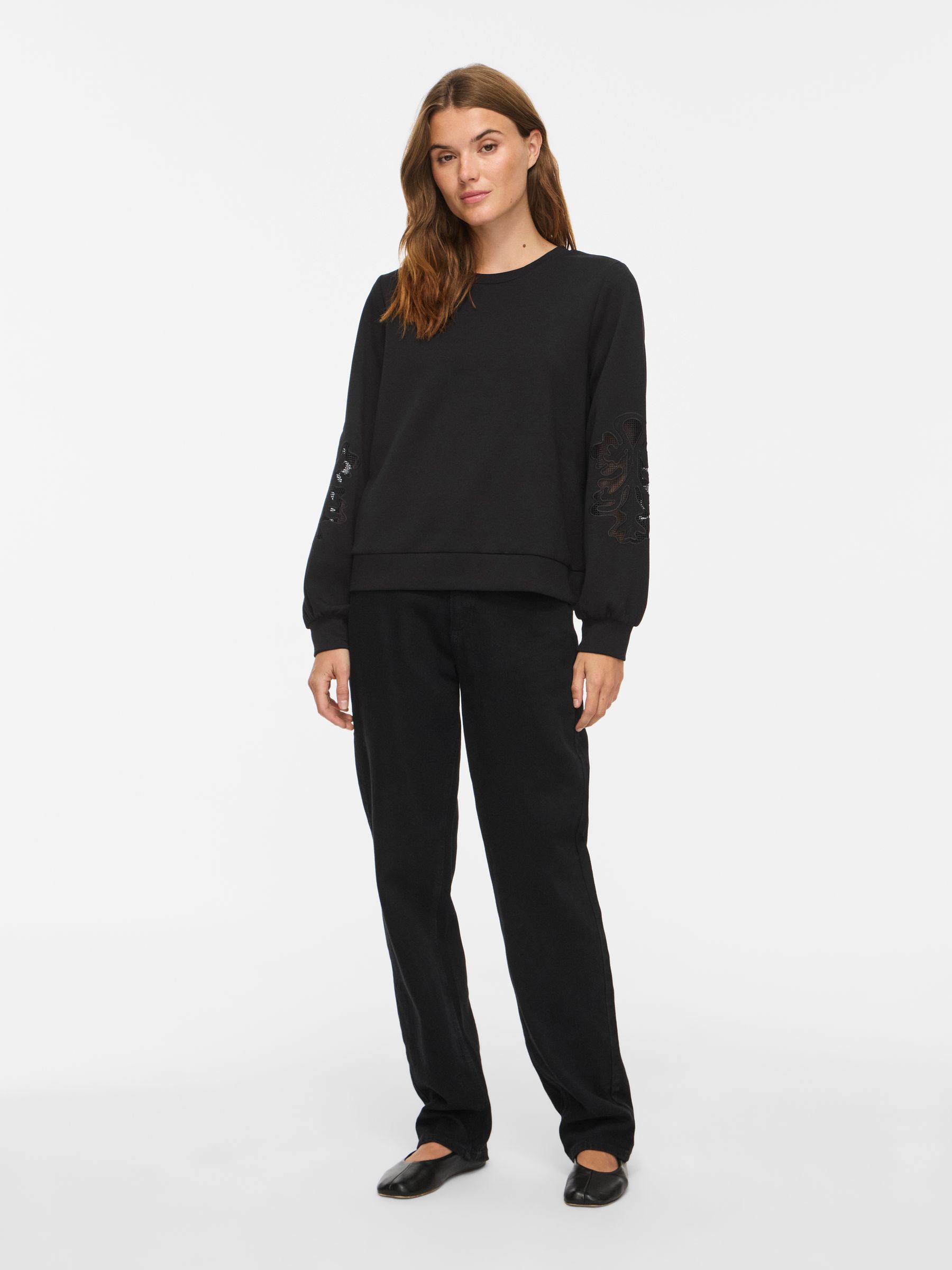 14119112_5210646_4.jpg Sweatshirt Rundhals Spitzendetails Ärmelbündchen Langarm