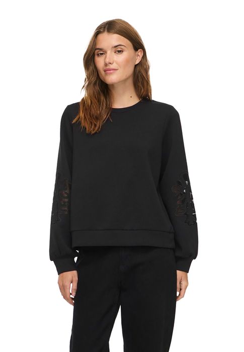 Sweatshirt Rundhals Spitzendetails Ärmelbündchen Langarm, Farbe: Schwarz