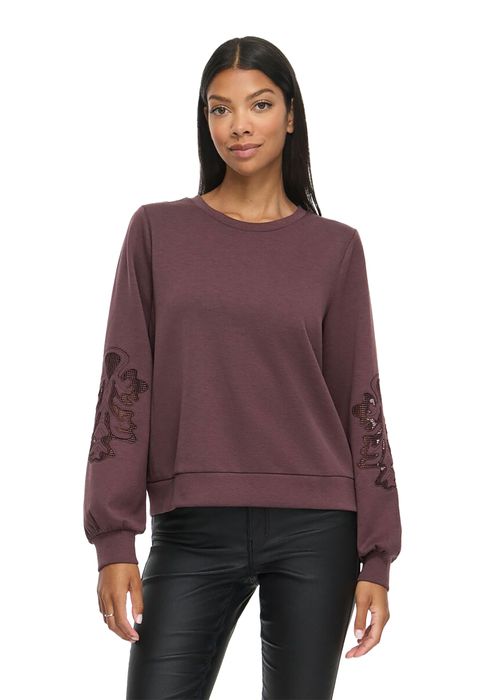 Sweatshirt Rundhals Spitzendetails Ärmelbündchen Langarm, Farbe: Weinrot