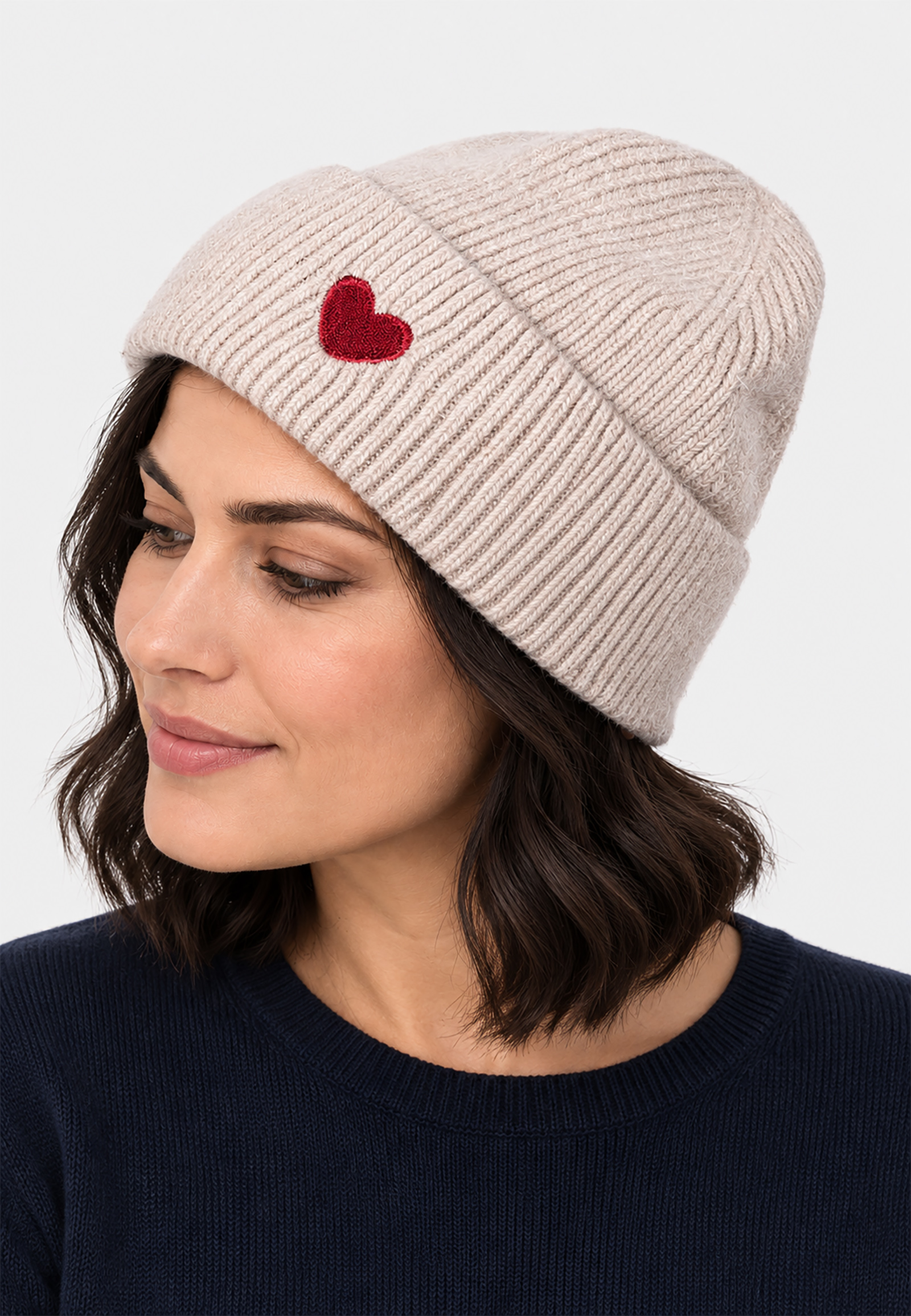 Strickmütze Beanie Umschlag Herzapplikation Rippstruktur Strickmütze Beanie Umschlag Herzapplikation Rippstruktur