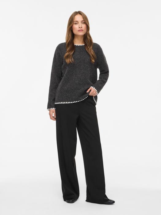 Vila Strickpullover Rundhals Regular Fit Kontrastnähte Langarm – Grau, Bild 5