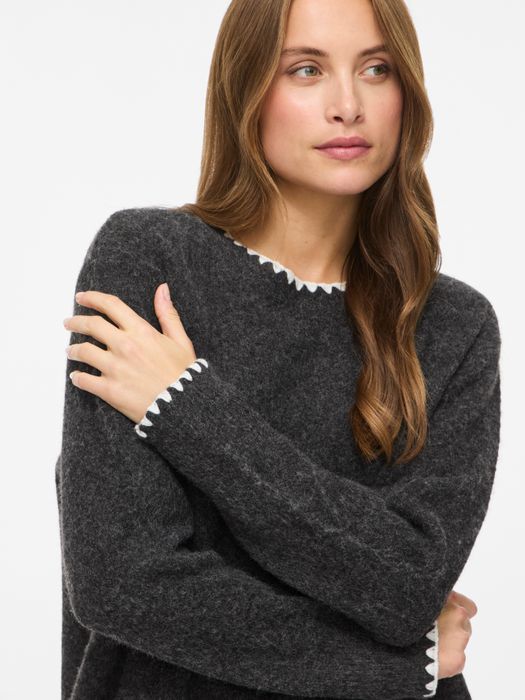 Vila Strickpullover Rundhals Regular Fit Kontrastnähte Langarm – Grau, Bild 4