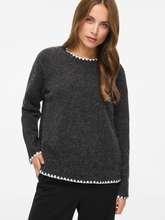 Vila Strickpullover Rundhals Regular Fit Kontrastnähte Langarm – Grau, Bild 3