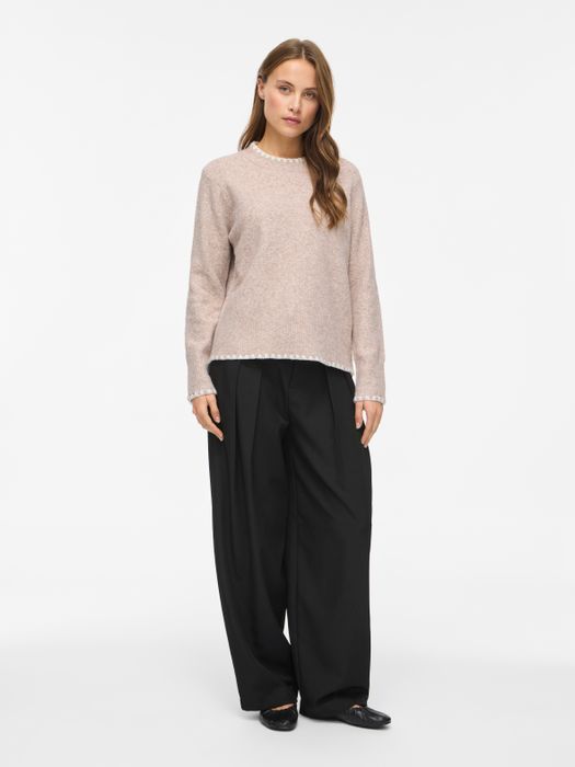 Vila Strickpullover Rundhals Regular Fit Kontrastnähte Langarm – Natur, Bild 4