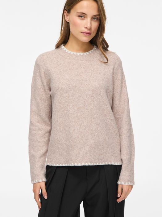 Vila Strickpullover Rundhals Regular Fit Kontrastnähte Langarm – Natur, Bild 3