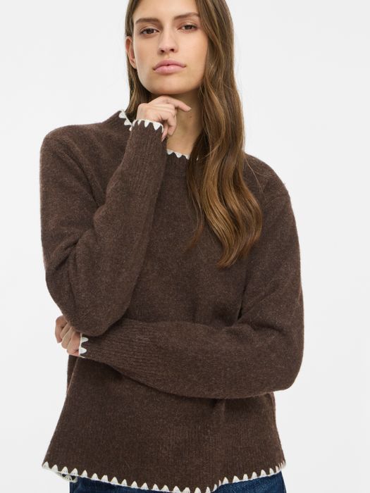 Vila Strickpullover Rundhals Regular Fit Kontrastnähte Langarm – Braun, Bild 5