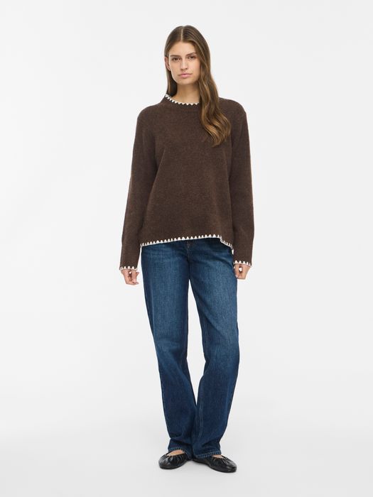 Vila Strickpullover Rundhals Regular Fit Kontrastnähte Langarm – Braun, Bild 3