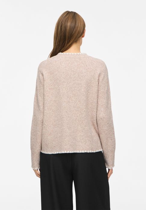 Vila Strickpullover Rundhals Regular Fit Kontrastnähte Langarm – Natur, Bild 6