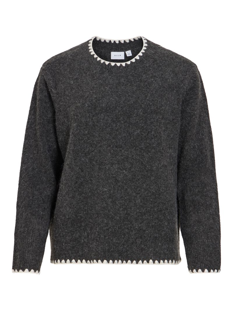 Vila Strickpullover Rundhals Regular Fit Kontrastnähte Langarm – Grau, Bild 1