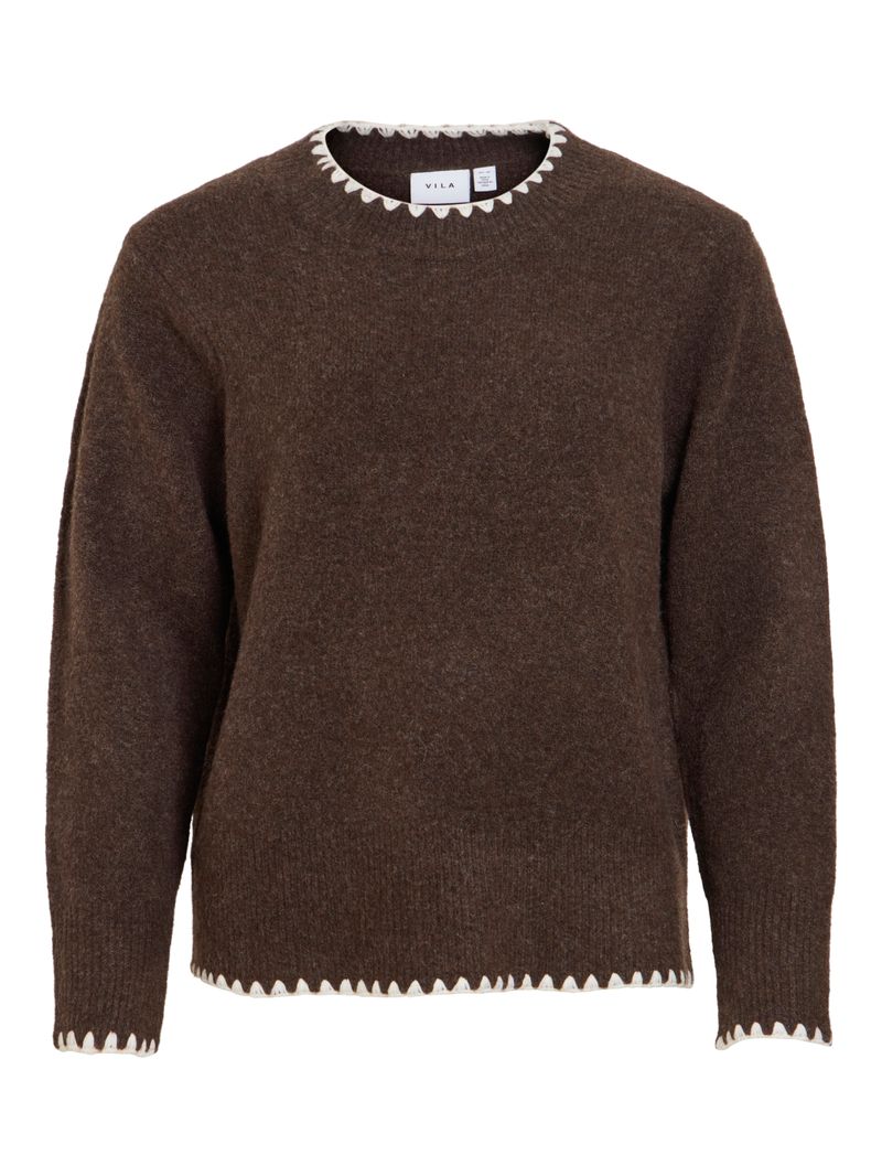 Vila Strickpullover Rundhals Regular Fit Kontrastnähte Langarm – Braun, Bild 1