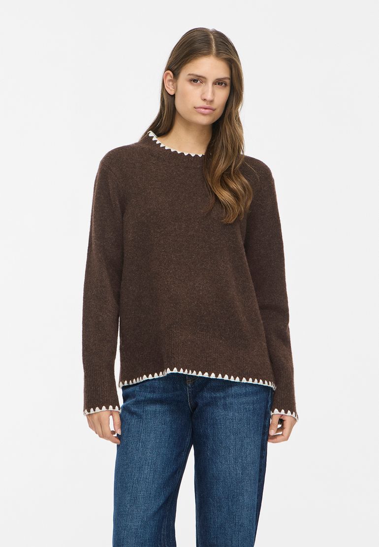 Vila Strickpullover Rundhals Regular Fit Kontrastnähte Langarm – Braun, Bild 2