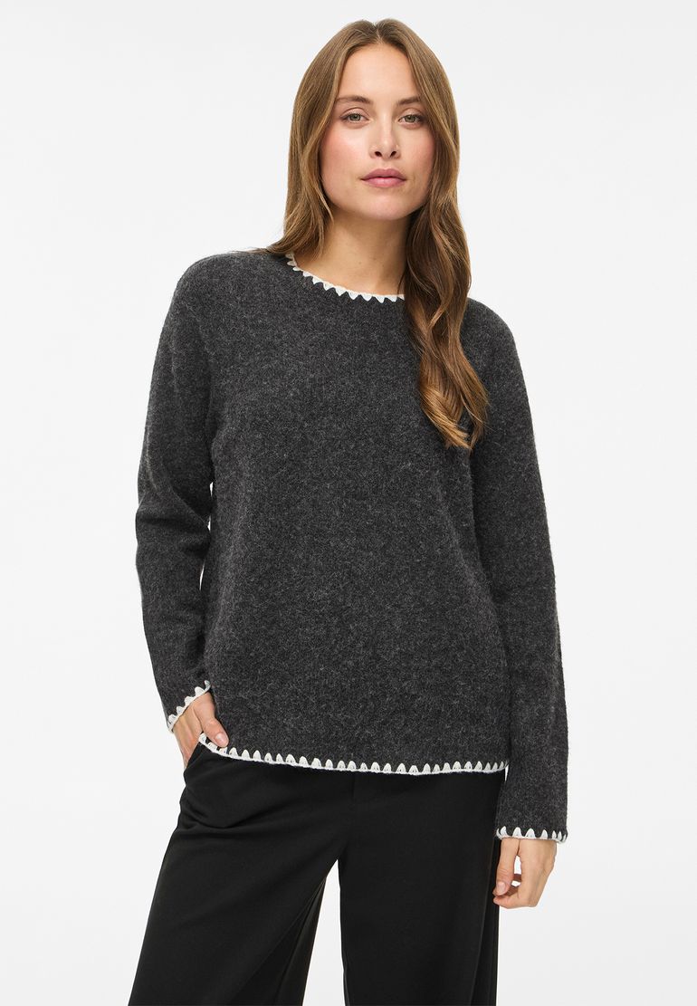 Vila Strickpullover Rundhals Regular Fit Kontrastnähte Langarm – Grau, Bild 2