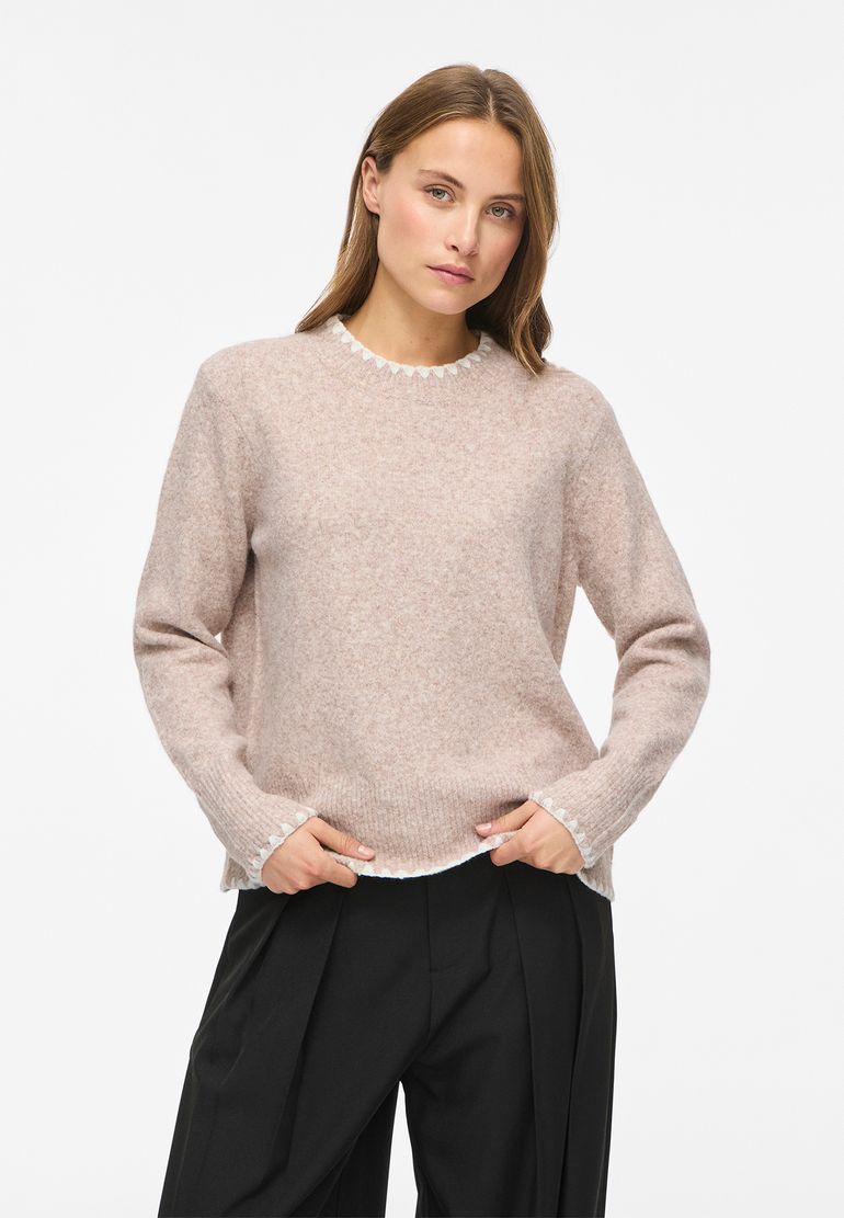 Vila Strickpullover Rundhals Regular Fit Kontrastnähte Langarm – Natur, Bild 2