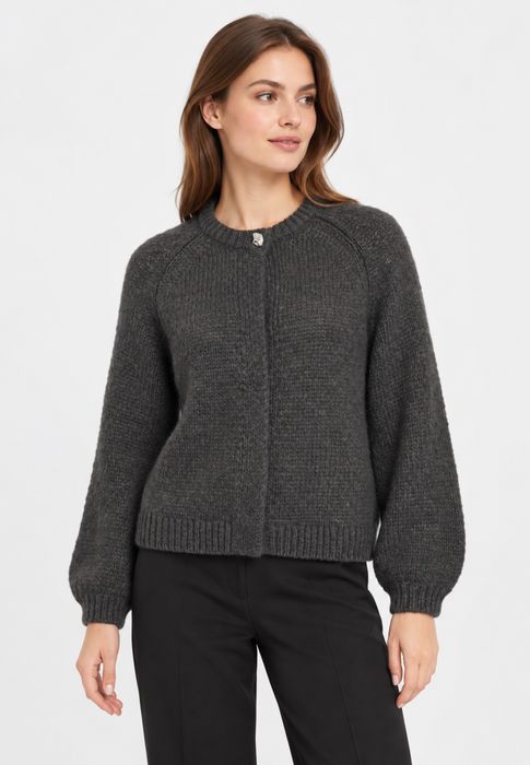 Strickjacke Rundhals Knopf Raglanärmel Loose Fit, Farbe: Grau-3