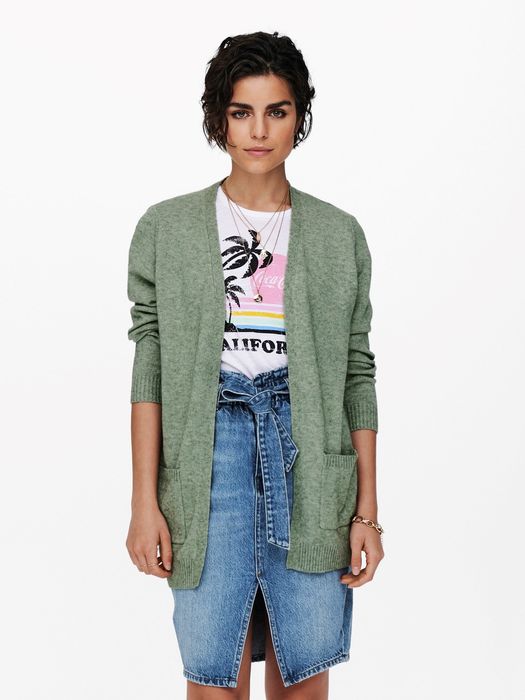 ONLY Damen Lange Strickjacke Stretch ONLLESLY Open Cardigan Gerippt, Farbe: Hellgrün