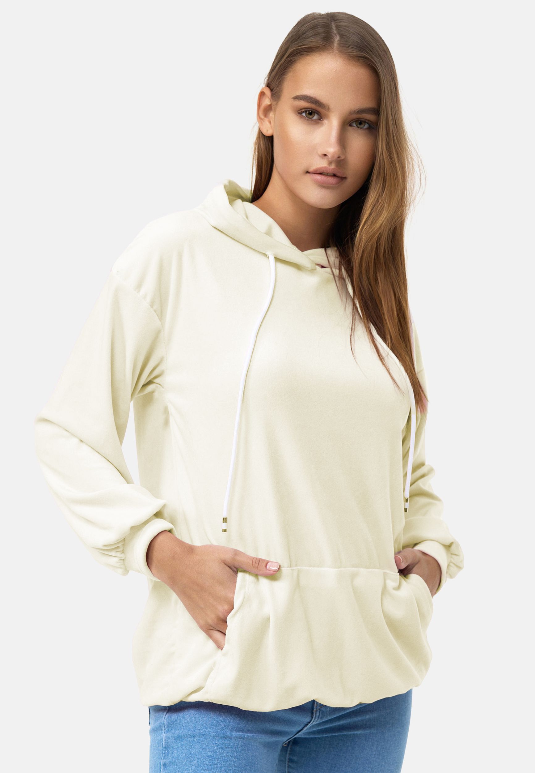 Damen Oversized Hoodie Kleid Long Basic Kapuzen Pullover Nicki Velours Damen Oversized Hoodie Kleid Long Basic Kapuzen Pullover Nicki Velours