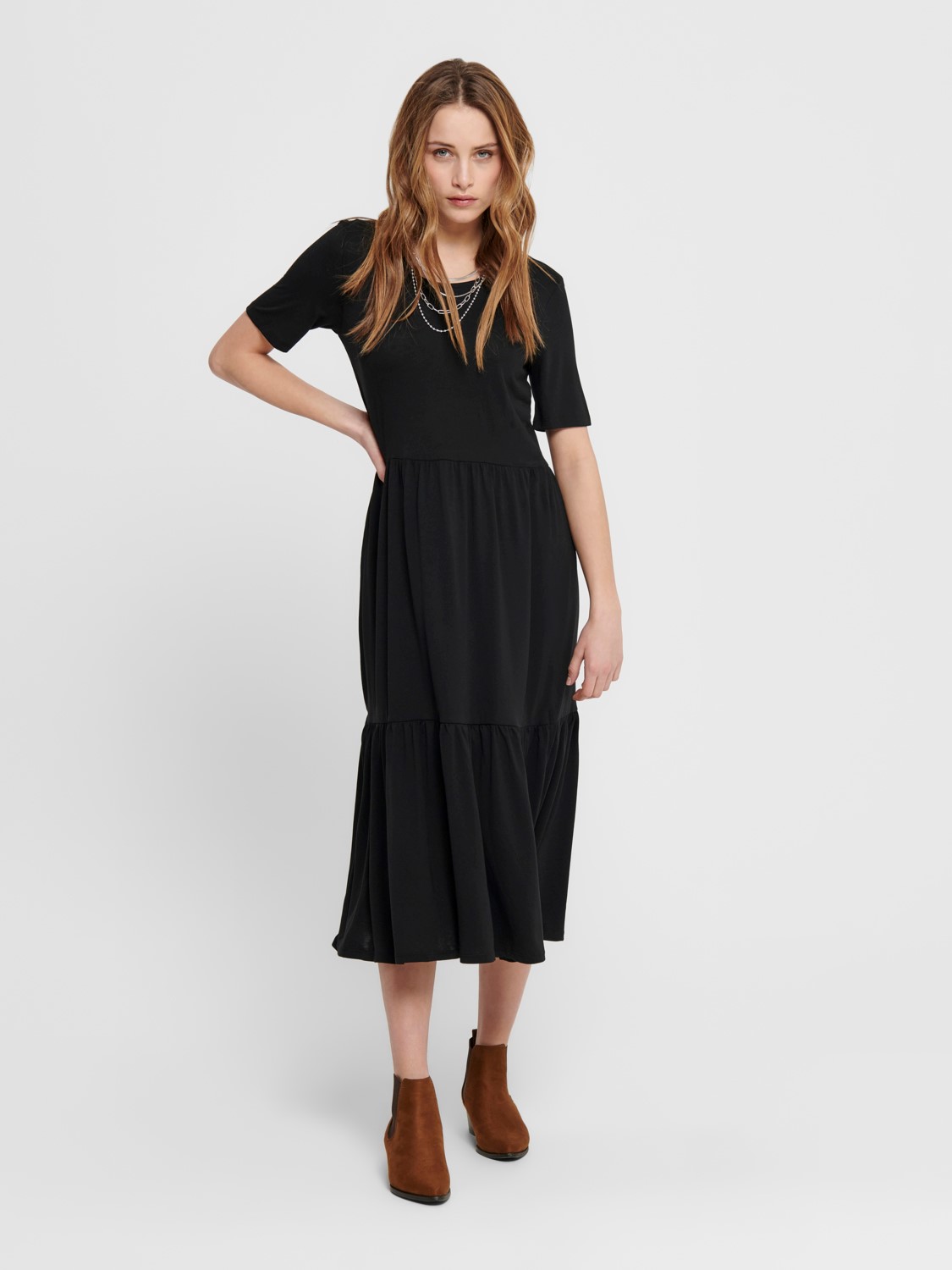 Midi Rüschen Kleid Locker Wadenlang Maxi Blusen Dress Kurzarm Stretch Midi Rüschen Kleid Locker Wadenlang Maxi Blusen Dress Kurzarm Stretch