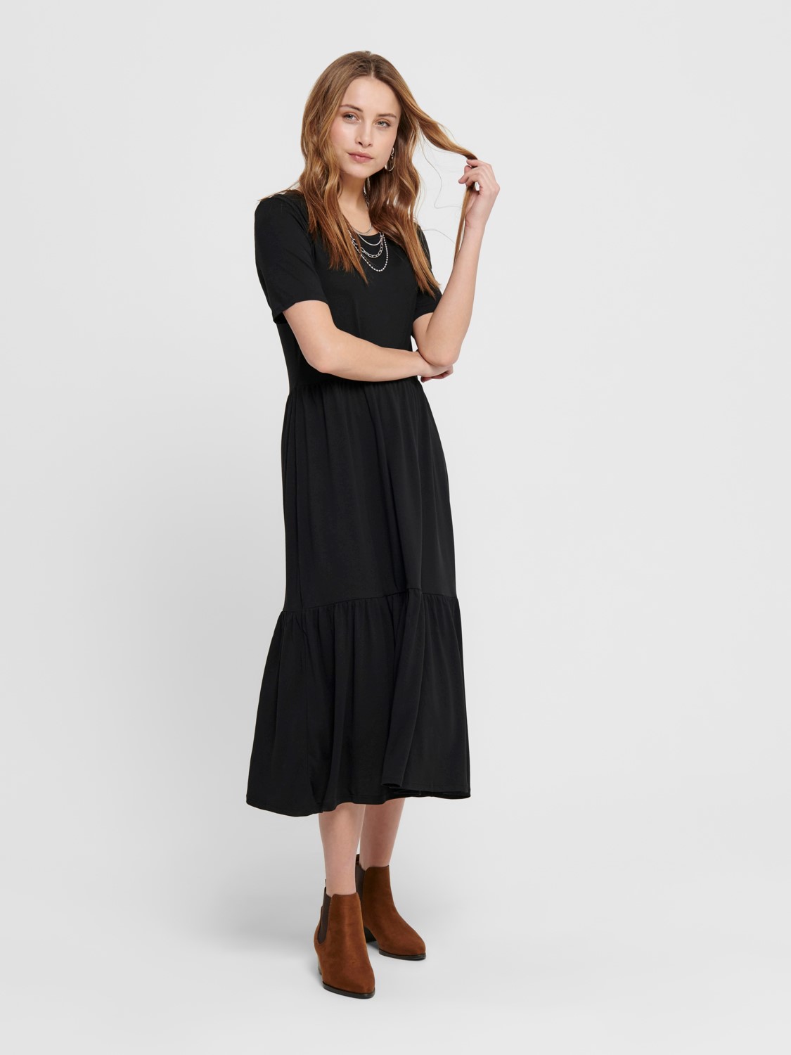 Midi Rüschen Kleid Locker Wadenlang Maxi Blusen Dress Kurzarm Stretch Midi Rüschen Kleid Locker Wadenlang Maxi Blusen Dress Kurzarm Stretch