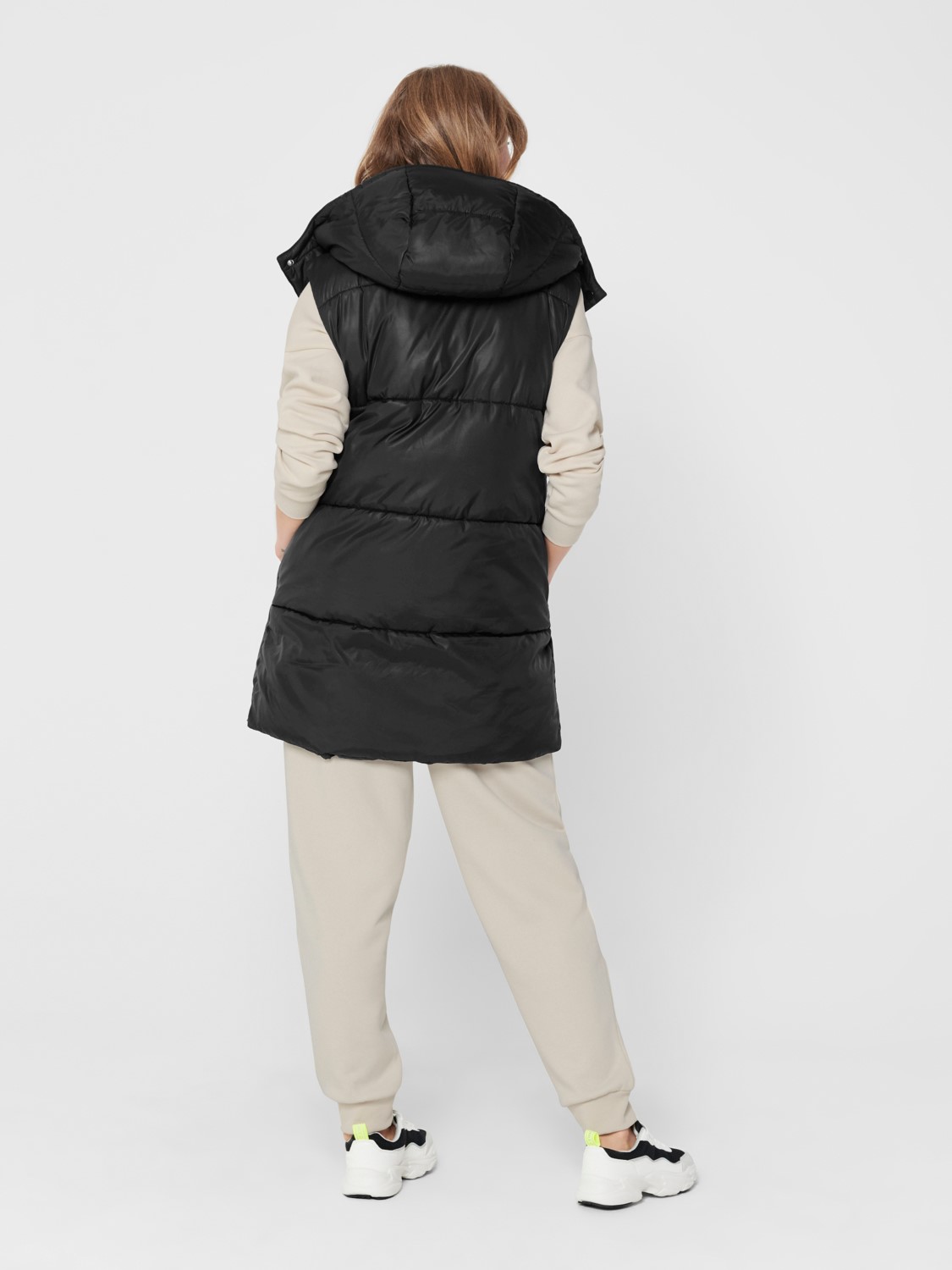 Lange Puffer Weste Wattierte Stepp Jacke ohne Ärmel Kapuze & Zip Lange Puffer Weste Wattierte Stepp Jacke ohne Ärmel Kapuze & Zip