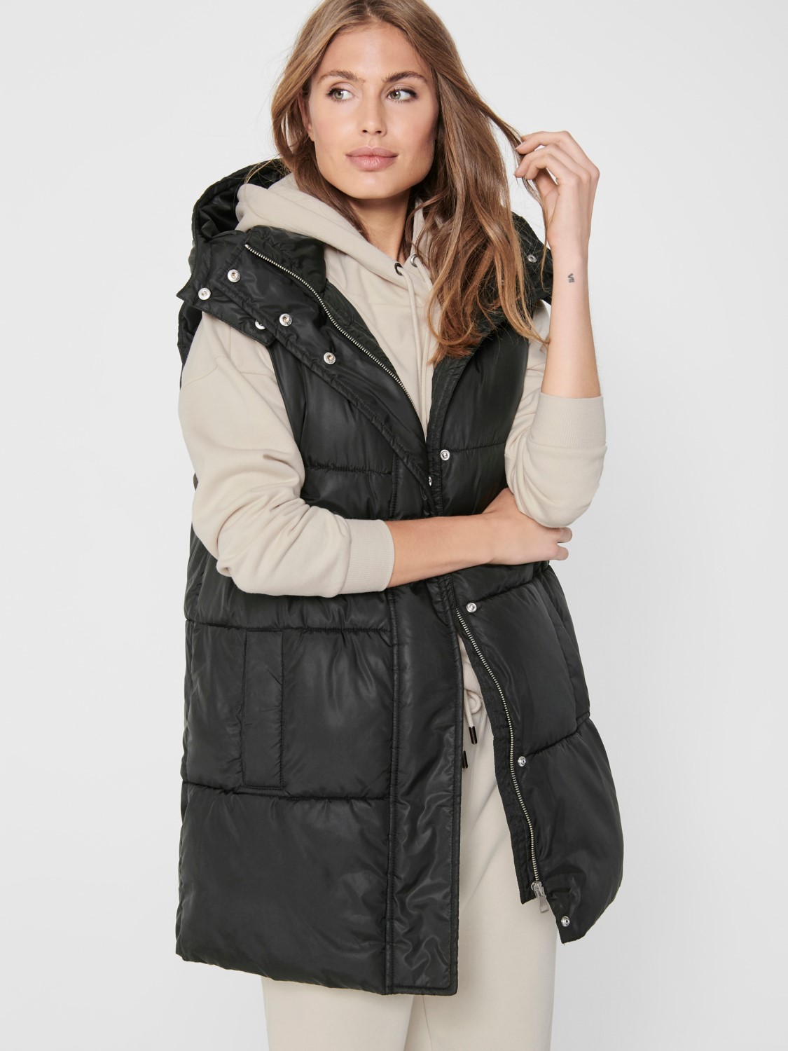 Lange Puffer Weste Wattierte Stepp Jacke ohne Ärmel Kapuze & Zip Lange Puffer Weste Wattierte Stepp Jacke ohne Ärmel Kapuze & Zip