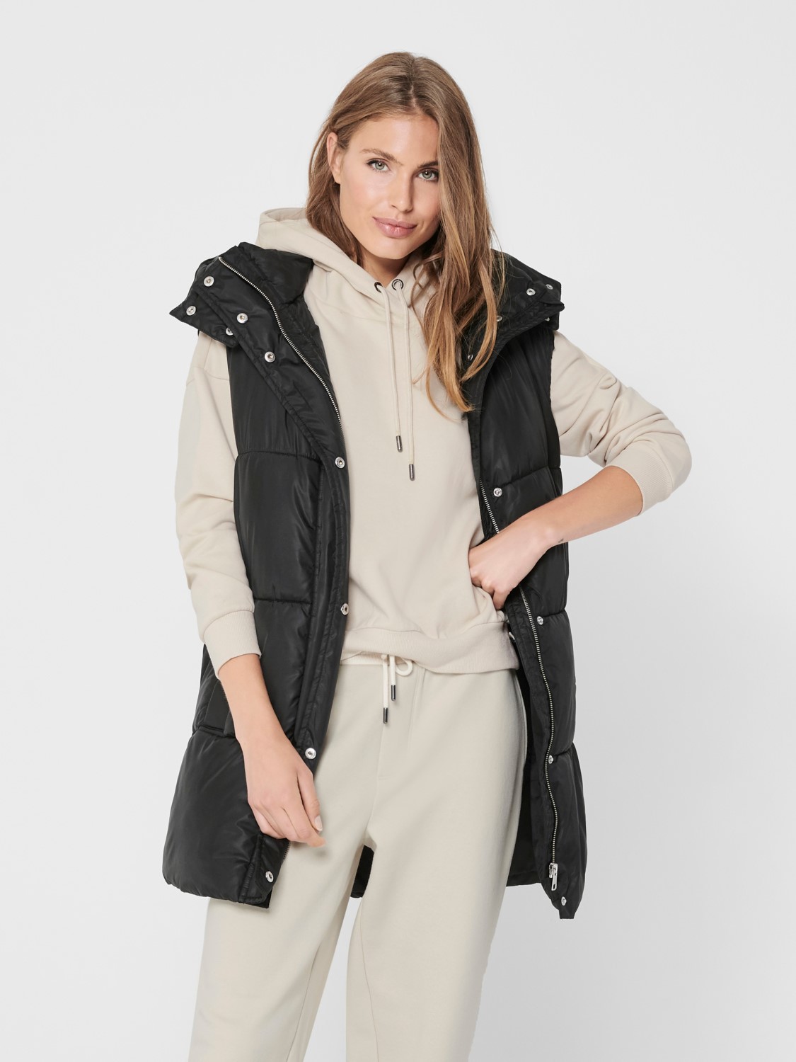 Lange Puffer Weste Wattierte Stepp Jacke ohne Ärmel Kapuze & Zip Lange Puffer Weste Wattierte Stepp Jacke ohne Ärmel Kapuze & Zip