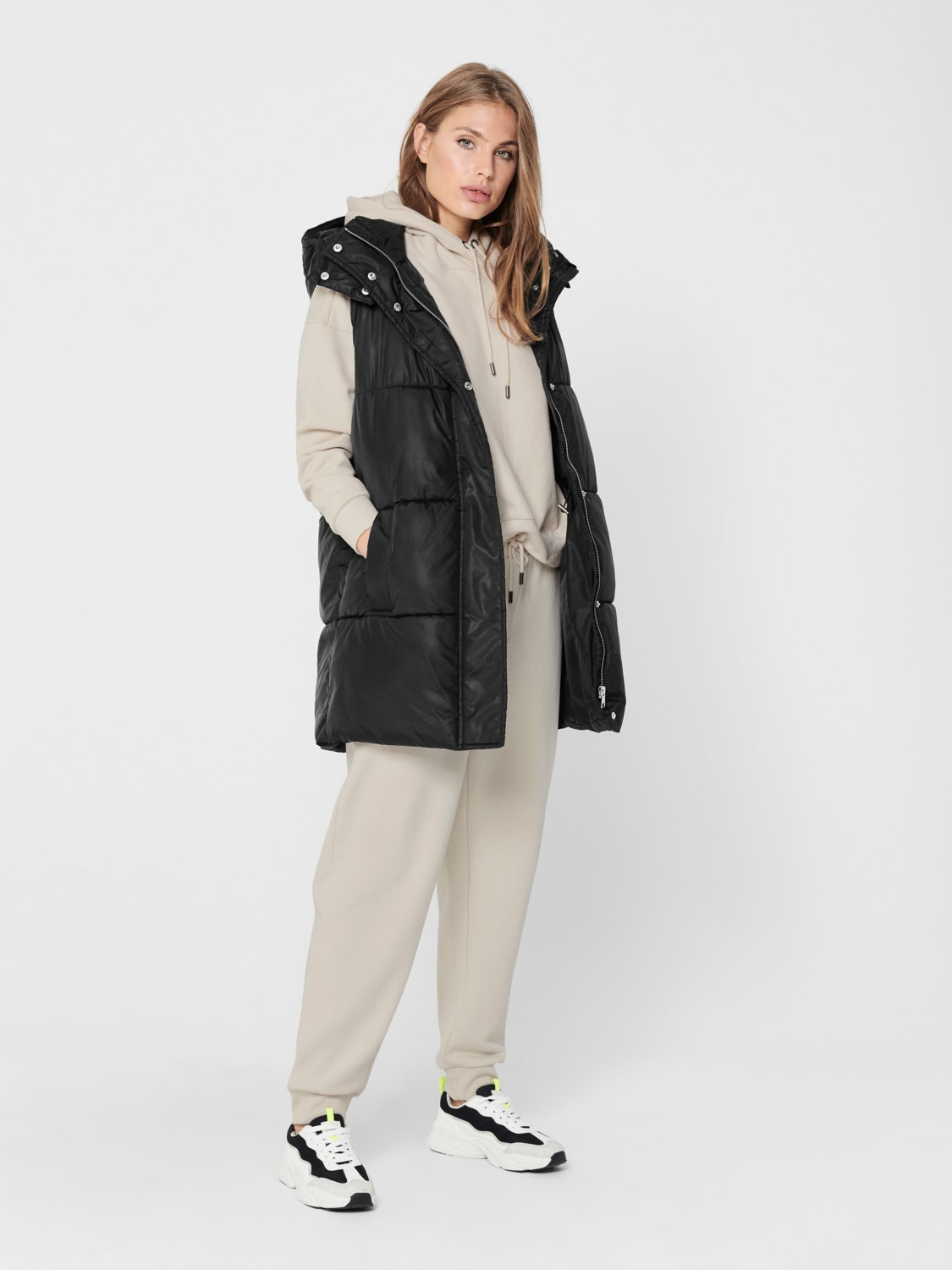 Lange Puffer Weste Wattierte Stepp Jacke ohne Ärmel Kapuze & Zip Lange Puffer Weste Wattierte Stepp Jacke ohne Ärmel Kapuze & Zip