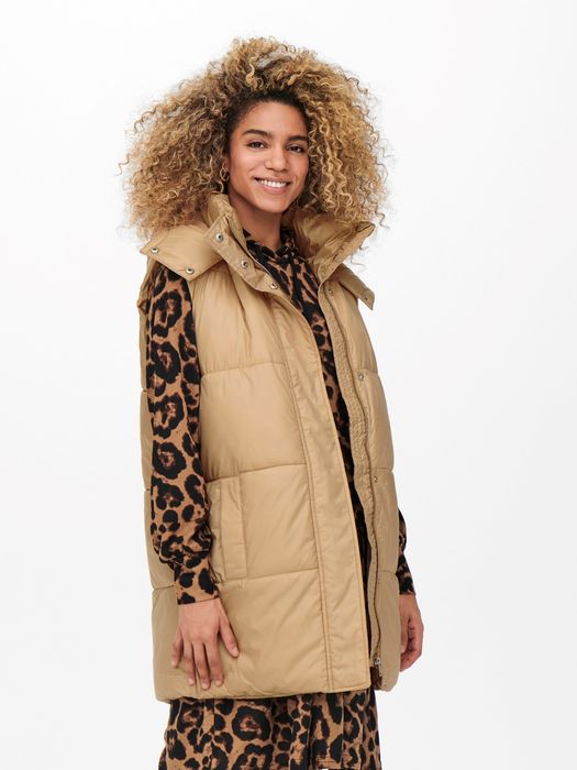 Lange Puffer Weste Wattierte Stepp Jacke ohne Ärmel Kapuze & Zip, Farbe: Sand