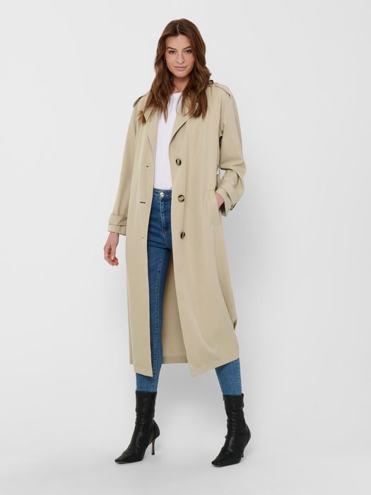 Only ONLY Langer Trench Coat Eleganter Basic Übergangs Mantel – Beige, Bild 3