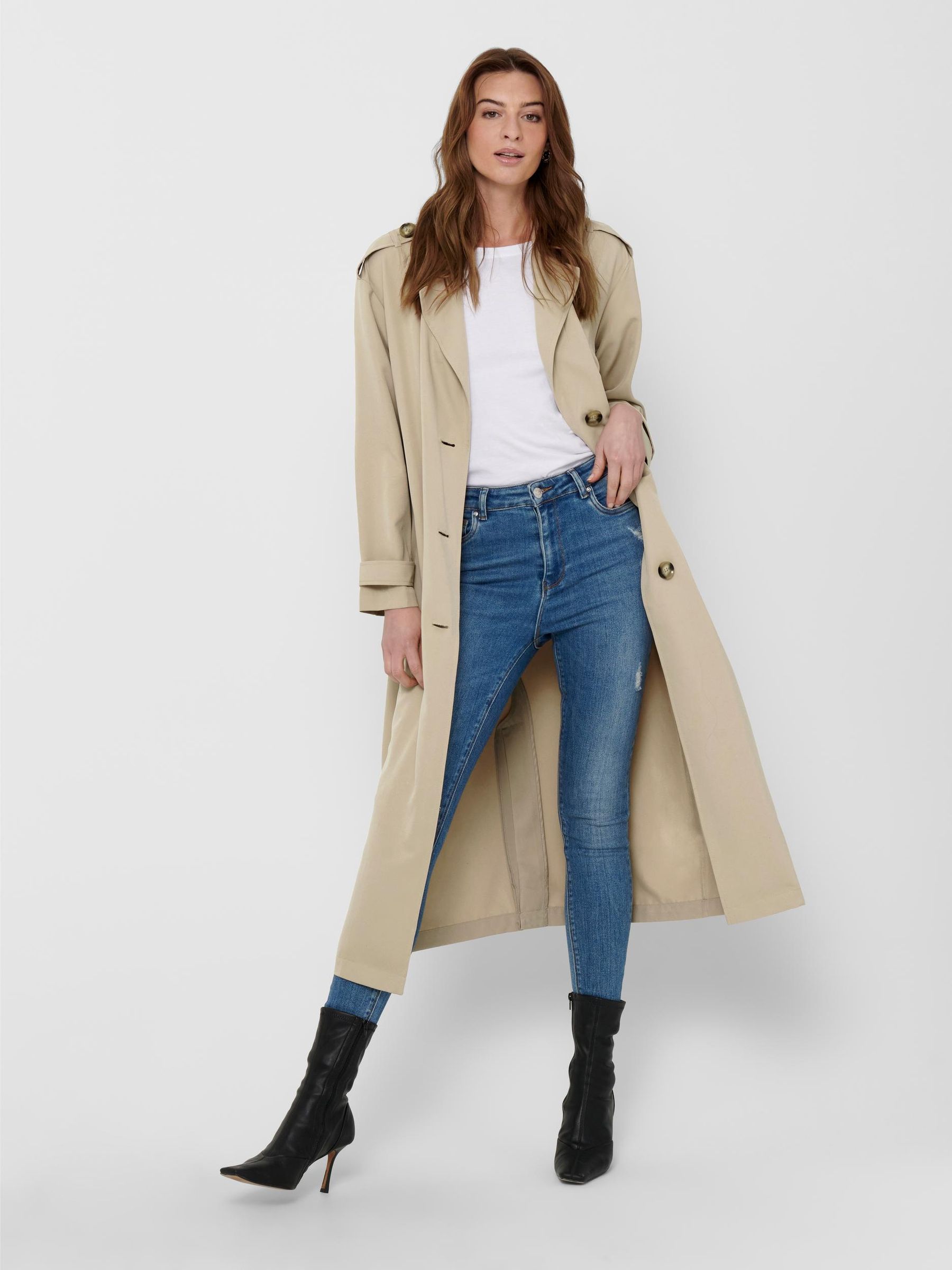 Only ONLY Langer Trench Coat Eleganter Basic Übergangs Mantel – Beige, Bild 2