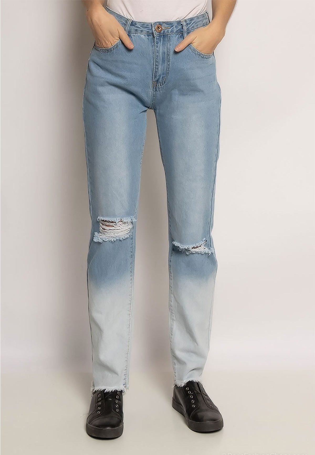 Destroyed Mom Jeans High Waist Straight Denim Hose Farbverlauf Bleached Destroyed Mom Jeans High Waist Straight Denim Hose Farbverlauf Bleached