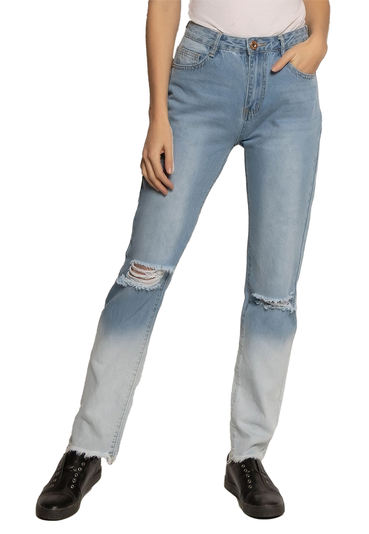 Destroyed Mom Jeans High Waist Straight Denim Hose Farbverlauf Bleached Destroyed Mom Jeans High Waist Straight Denim Hose Farbverlauf Bleached