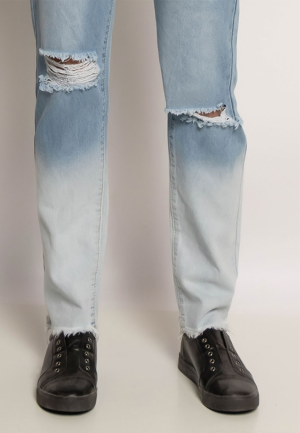 Destroyed Mom Jeans High Waist Straight Denim Hose Farbverlauf Bleached Destroyed Mom Jeans High Waist Straight Denim Hose Farbverlauf Bleached