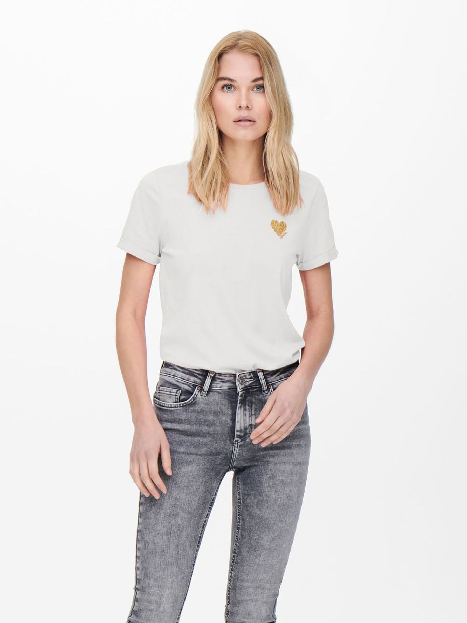 Einfarbiges T-Shirt mit Brand Herz Basic Kurzarm Rundhals Top ONLKITA Einfarbiges T-Shirt mit Brand Herz Basic Kurzarm Rundhals Top ONLKITA