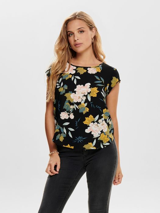 Print Kurzarm Bluse Basic Rundhals Blouse Shirt Oberteil ONLVIC, Farbe: Schwarz-2