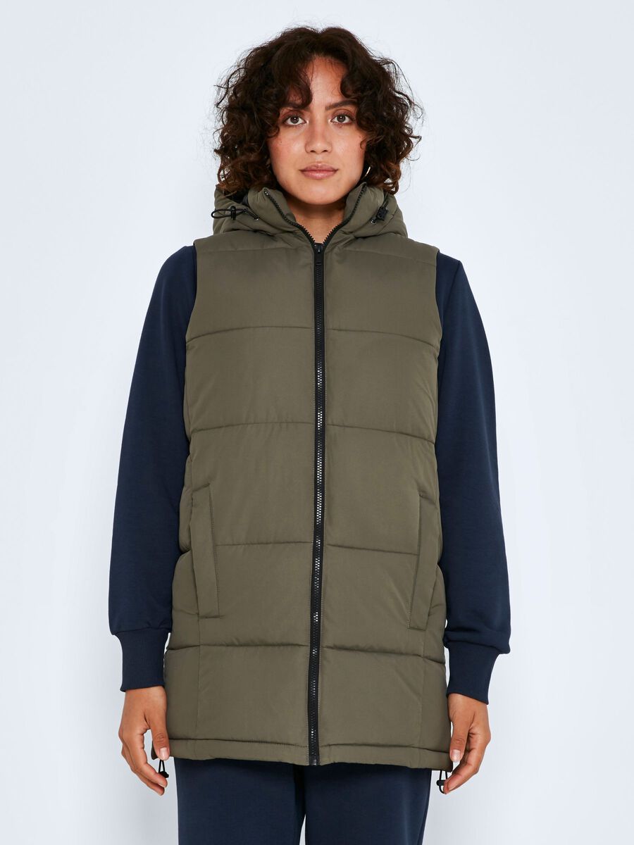 Lange Puffer Weste Wattierte Stepp Jacke ohne Ärmel Kapuze & Zip Lange Puffer Weste Wattierte Stepp Jacke ohne Ärmel Kapuze & Zip