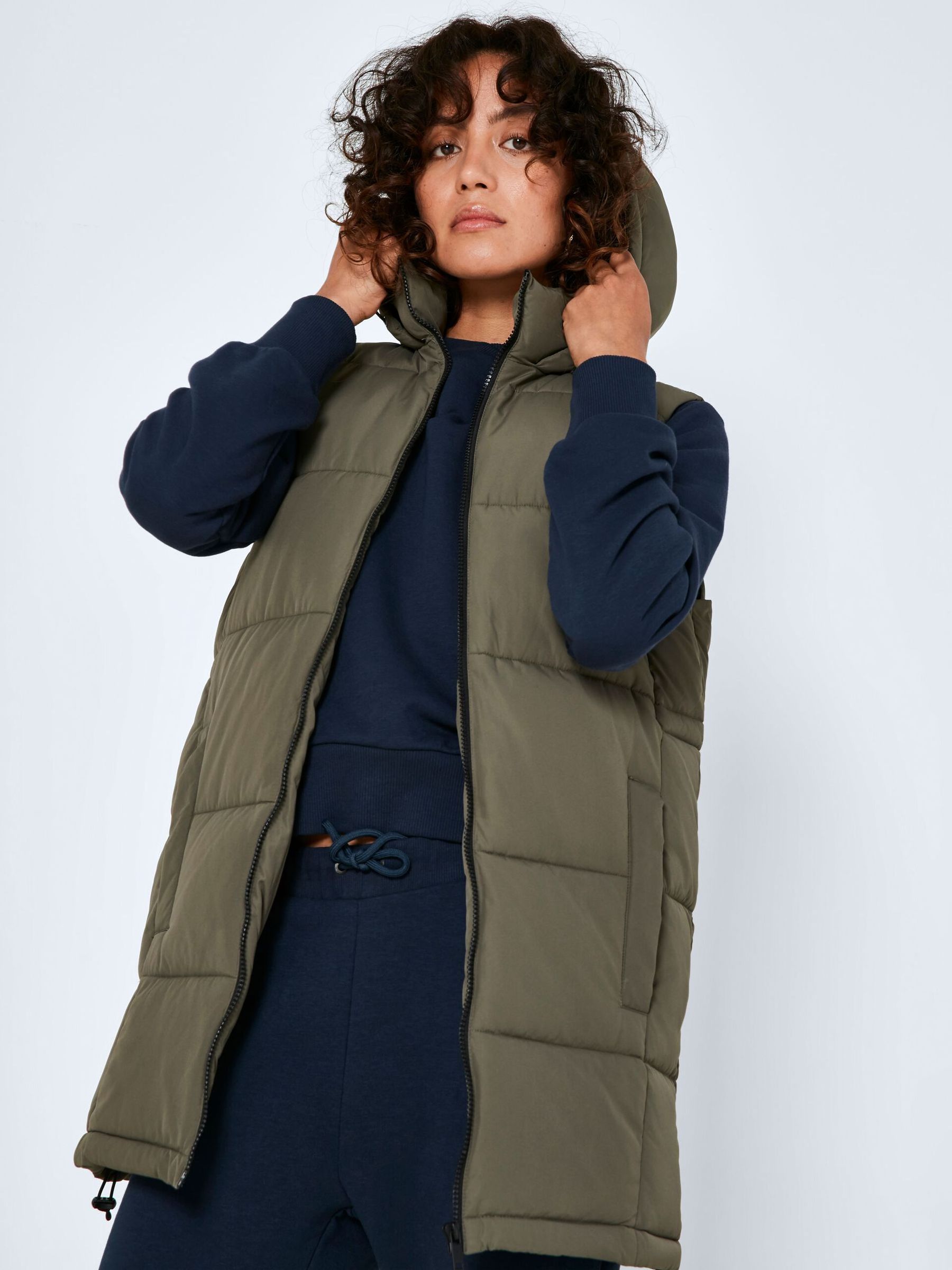 Lange Puffer Weste Wattierte Stepp Jacke ohne Ärmel Kapuze & Zip Lange Puffer Weste Wattierte Stepp Jacke ohne Ärmel Kapuze & Zip