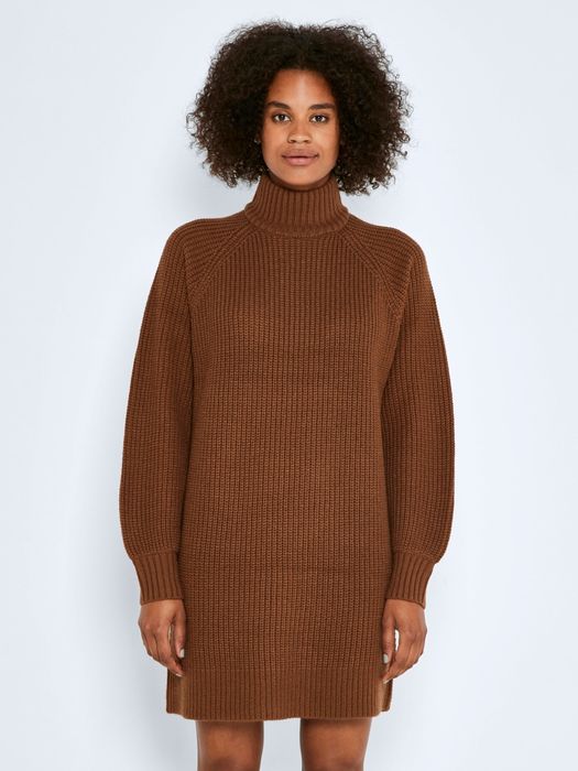 NOISY MAY Langarm Strickkleid Mini Pullover Dress Stehkragen, Farbe: Braun