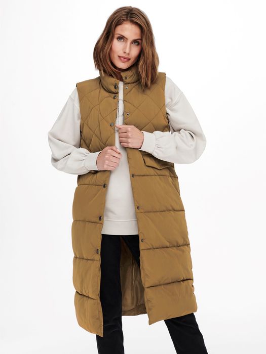 Lange Puffer Weste Wattierte Stepp Jacke ohne Ärmel und Kapuze ONLSTACY, Farbe: Hellbraun