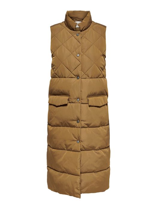 Lange Puffer Weste Wattierte Stepp Jacke ohne Ärmel und Kapuze ONLSTACY, Farbe: Hellbraun