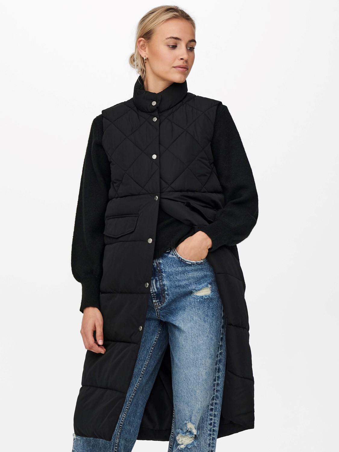 Only ONLY Lange Puffer Weste Wattierte Stepp Jacke ohne Ärmel und – Schwarz, Bild 2