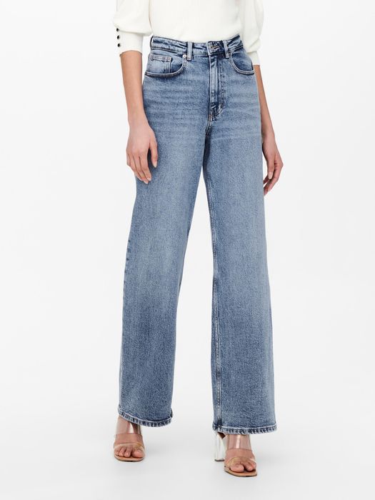 High Waist Jeans Stretch Denim Schlaghose 5-Pocket Wide Leg ONLJUICY, Farbe: Blau