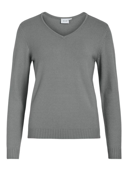 VILA Dünner Strickpullover Knitted Basic Stretch Sweater Langarm, Farbe: Grau