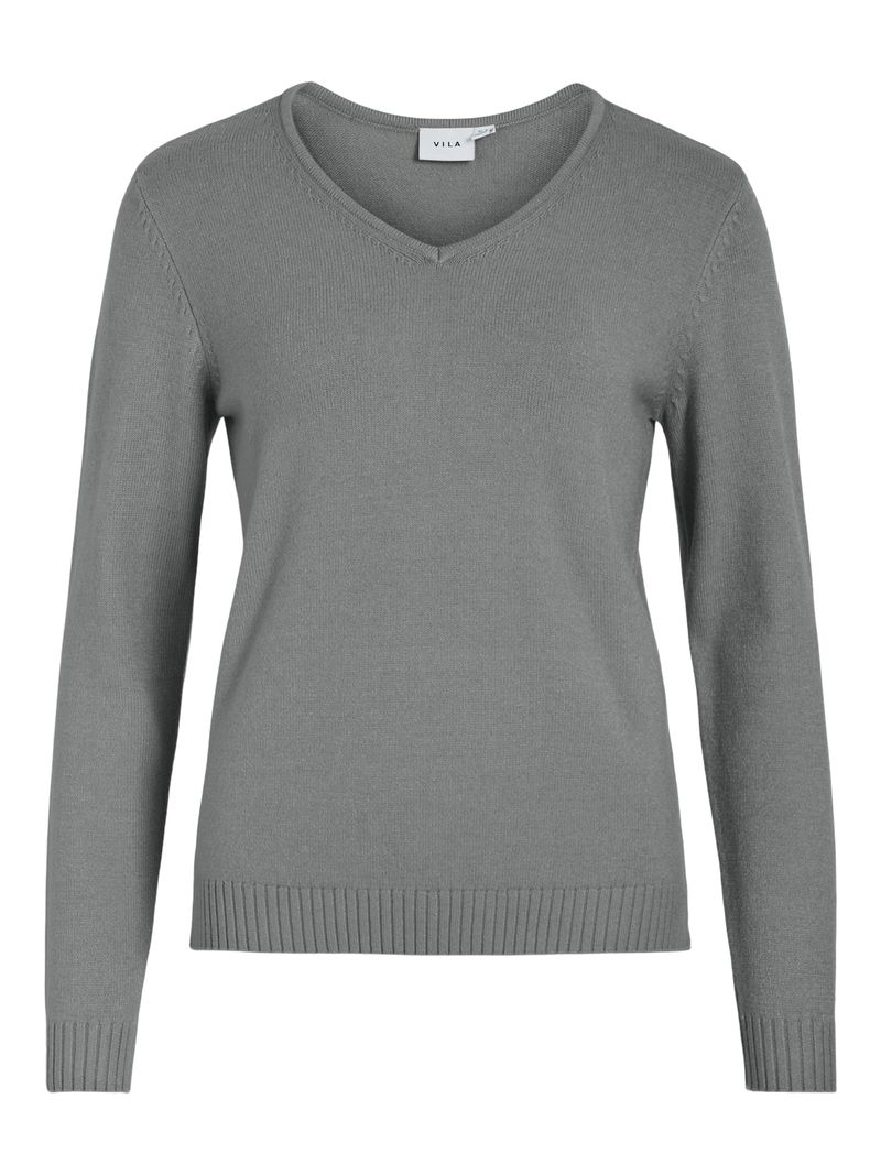 Vila Dünner Strickpullover Knitted Basic Stretch Sweater Langarm V-Neck VIRIL – Grau, Bild 1