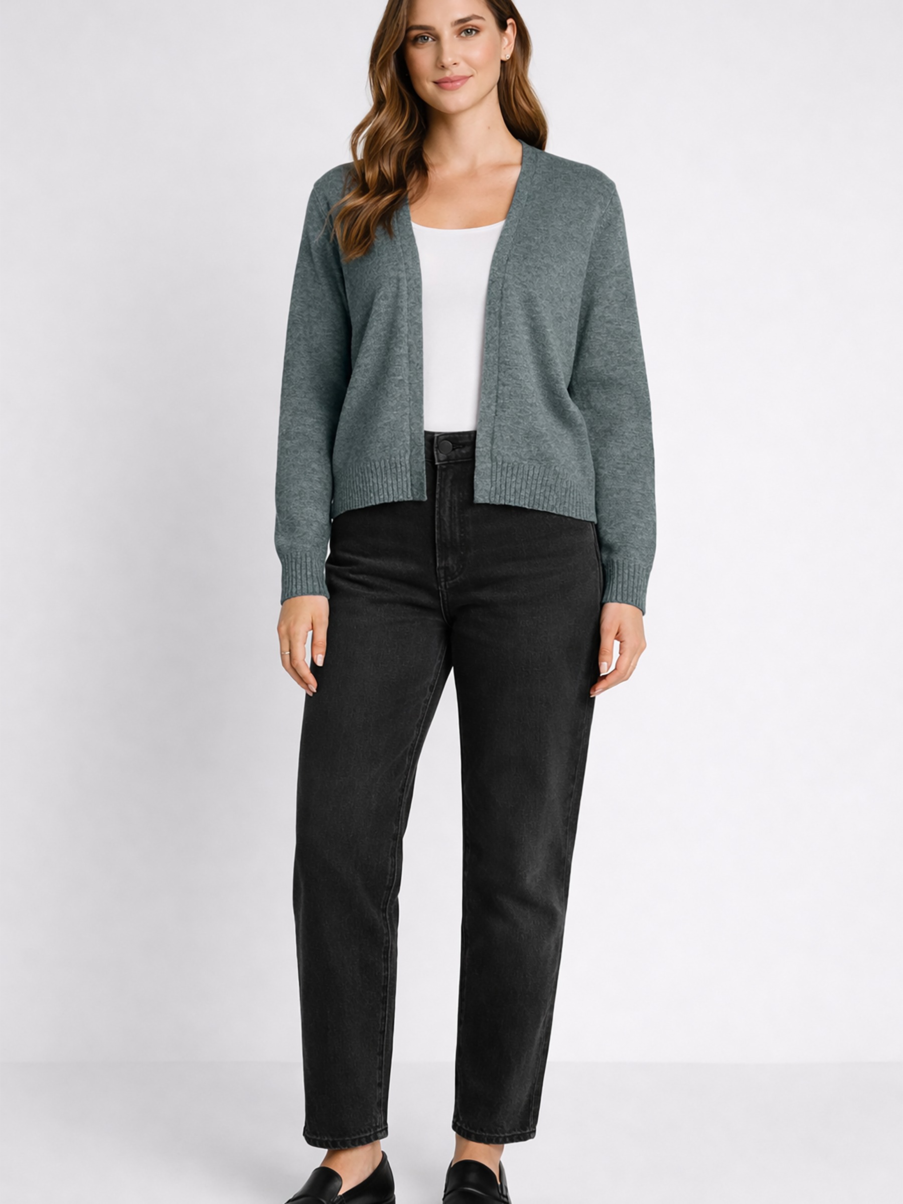 Kurze Feinstrick Cardigan Stretch Basic Jacke ohne Verschluss VIRIL Kurze Feinstrick Cardigan Stretch Basic Jacke ohne Verschluss VIRIL