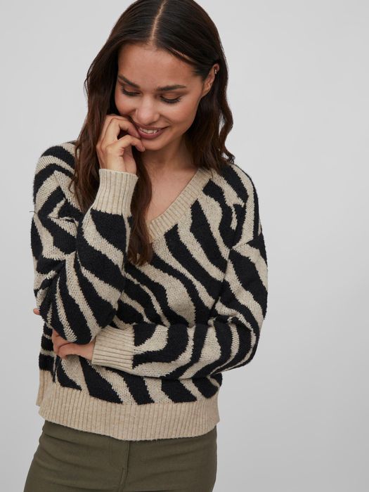 Vila Kuscheliger Strickpullover Zebra Animal Muster V-Neck Sweater VIRIL – Beige, Bild 3